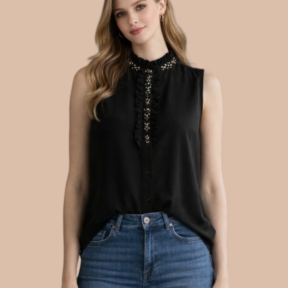 J CREW Ruffle Bedazzled High Neck Button Down Sleeveless Castlecore Shirt